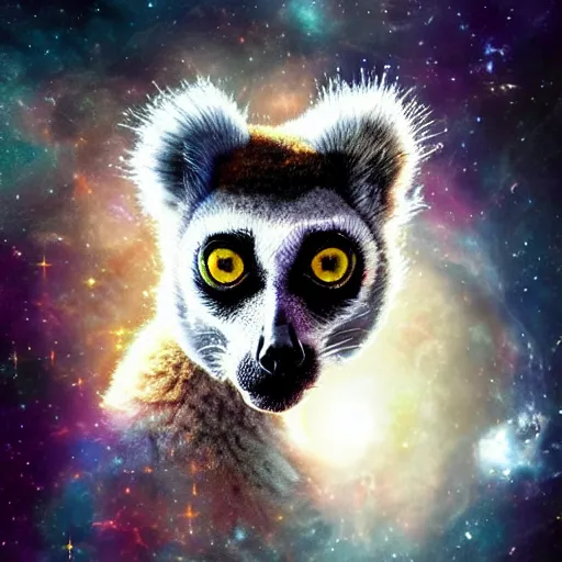 Image similar to geometric lemur with galaxy eyes in space, nebula in the background, intricate, elegant, highly detailed, digital painting, artstation, concept art, smooth, sharp focus, illustration, art by artgerm