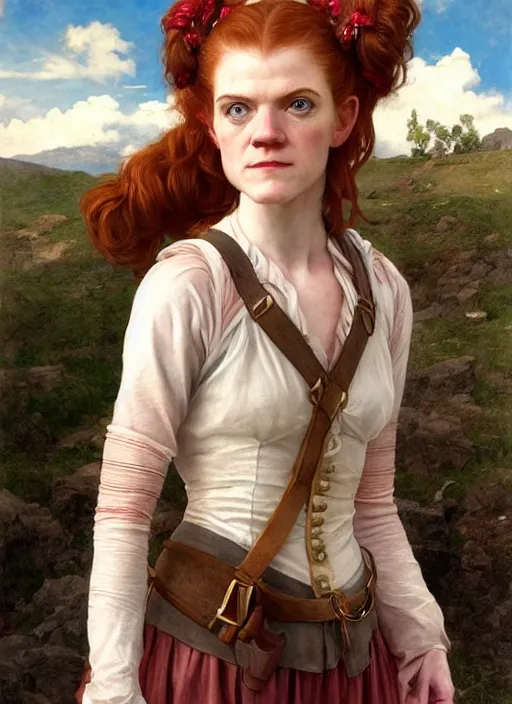 Image similar to portrait Rose Leslie as Pippi Longstocking, full length shot, shining, 8k highly detailed, sharp focus, illustration, art by artgerm, mucha, bouguereau