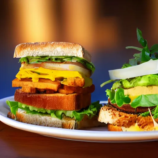 Image similar to sandwich with fried tofu, one tomato slice, mayonaisse, one onion ring, avocado, melted cheddar, over a dish that is over a table, with a sunset and rainbow in the background with saturn and stars in the sky