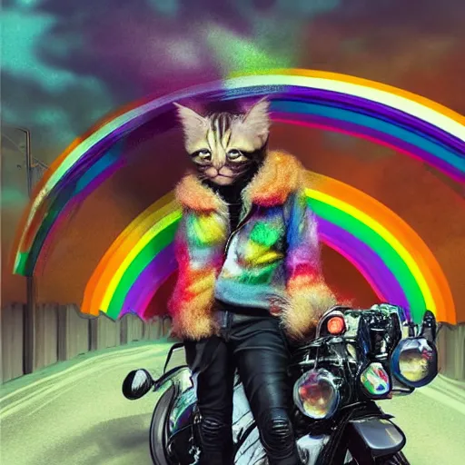 Image similar to wide angle full body, jacket wearing fluffy cute rainbow kitten wearing a black leather motorcycle jacket, riding on a motorcycle, cinematic concept art