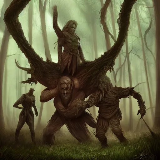 Prompt: giant with two heads in style of dnd, in a dark forest, digital art, high quality render, artstation