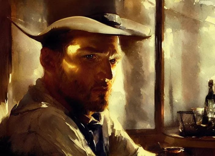 Image similar to oil watercolor painting of young rugged man in western bar, shaven stubble, short hair, mysterious light, art by anders zorn, wonderful masterpiece by greg rutkowski, beautiful cinematic light, american romanticism by greg manchess, creation by tyler edlin