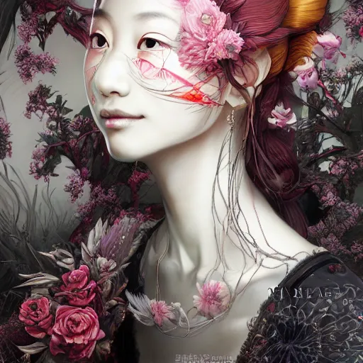 Image similar to the portrait of the japanese beauty evil alignment personified as an absurdly beautiful, graceful, elegant, sophisticated, young woman, an ultrafine hyperdetailed illustration by kim jung gi, irakli nadar, intricate linework, bright colors, octopath traveler, final fantasy, unreal engine 5 highly rendered, global illumination, radiant light, detailed and intricate environment