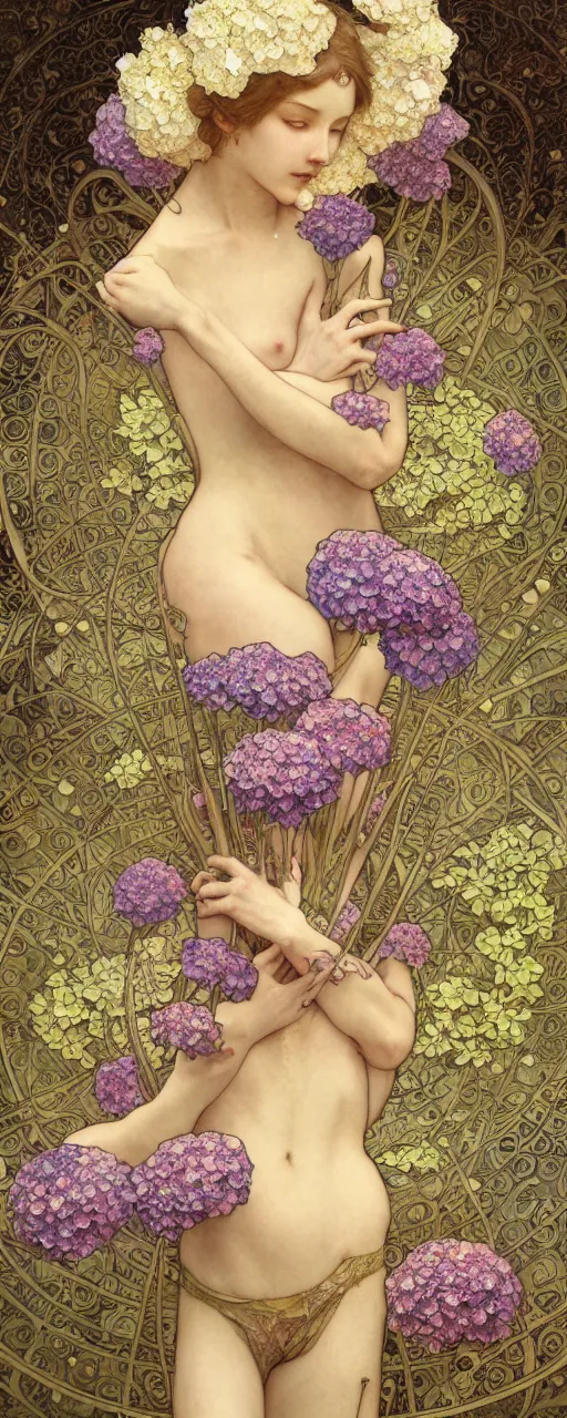 Image similar to tarot art nouveau painting of a hydrangea flower, ultradetail, art and illustration by tian zi and craig mullins and Ayami Kojima and WLOP and alphonse mucha, fantasy, intricate complexity, watermark, blurry, hyperrealism 8k