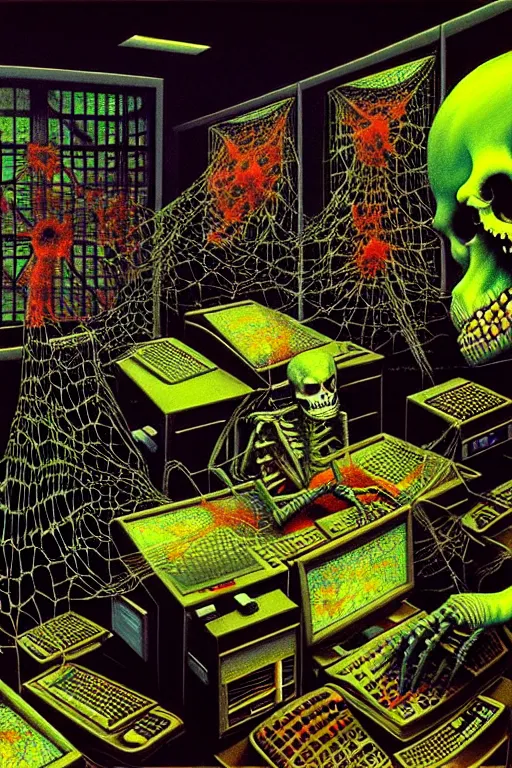 Prompt: a hyperrealistic painting of a a cubical office nightmare, glowing computer screens, skeletons covered in cobwebs, fax machine, cinematic horror by chris cunningham, lisa frank, richard corben, highly detailed, vivid color, beksinski painting, part by adrian ghenie and gerhard richter. art by takato yamamoto. masterpiece