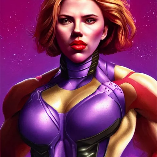 Image similar to scarlett johansson as thanos, feminine beautiful muscular fitness model wearing armor, purple skin, red lips, strong jaw, pin up, attractive, highly detailed upper body portrait, pretty face, elegant, breathtaking art, concept art, by artgerm and ilya kuvshinov