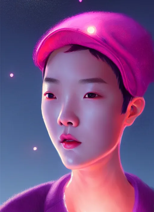 Image similar to portrait of chinese shanghai girl with bright pink hair, curly pixie cut hair, wearing a purple cap, breton cap, intricate, elegant, glowing lights, highly detailed, digital painting, artstation, concept art, smooth, sharp focus, illustration, art by wlop, mars ravelo and greg rutkowski