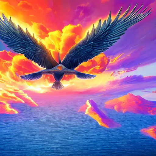 Image similar to a close - up shot of a phoenix flying over an island, golden hour, digital art, award - winning, hyper detailed, 4 k, smooth, sharp focus, trending