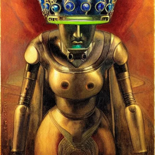 Image similar to the masked robot queen wearing the plasma crown, by Annie Swynnerton and Diego Rivera and Elihu Vedder, symbolist, dramatic lighting, elaborate geometric ornament, Art Brut, soft cool colors,smooth, sharp focus, extremely detailed, Adolf Wölfli and Donato Giancola