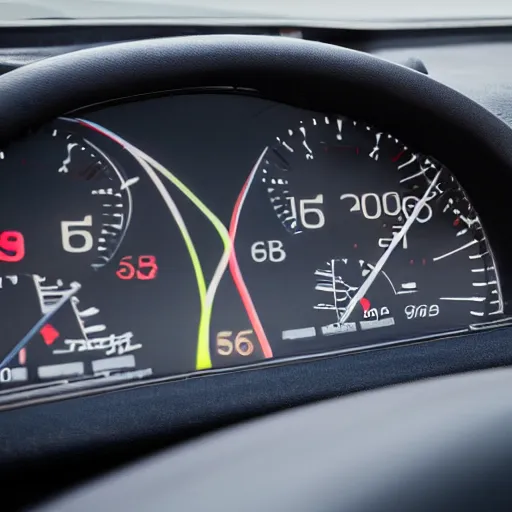 Image similar to photograph of a dashboard with very high rpm, sports car, reflections