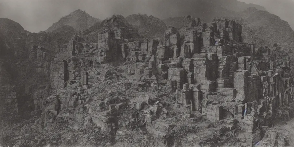 Prompt: lost city on the auyan tepui, vintage photograph, bw, by edward s curtis, realistic,