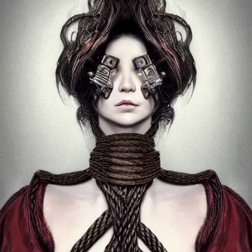 Image similar to portrait of a Shibari rope wrapped face and neck, headshot, insanely nice professional hair style, dramatic hair color, digital painting, of a old 15th century, old cyborg merchant, amber jewels, baroque, ornate clothing, scifi, realistic, hyperdetailed, chiaroscuro, concept art, art by Franz Hals and Jon Foster and Ayami Kojima and Amano and Karol Bak,