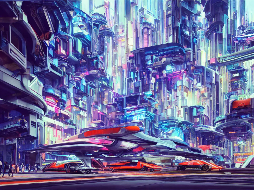 Prompt: hyperrealistic painting of a slice of life from a futuristic city, mechanical designs, technological, hi - tech engineering, art deco architecture, futuristic vehicles, vivid color, meticulous, cinematic style render, cyberpunk style, highly detailed, realism, intricate, acrylic on canvas, 8 k resolution, concept art, by noriyoshi ohrai, francesco di giorgio martini