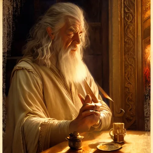 Image similar to gandalf and emma watson studying magic, highly detailed painting by gaston bussiere, craig mullins, j. c. leyendecker 8 k