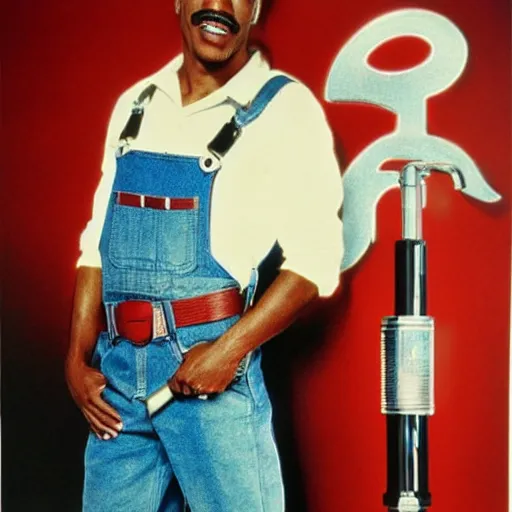 Prompt: a 8 0's action movie poster starring eddie murphy as a plumber for rich people. bathroom. overalls. cinematic tool belt. plunger. the movie is titled beverly hills crap