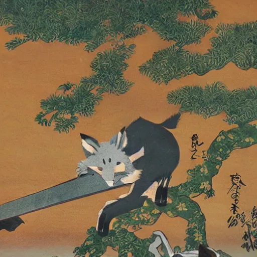 Image similar to samurai fox with a katana. sakura forest in the background. old japanese painting. fresco