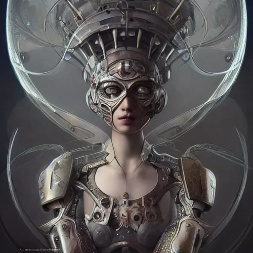 Prompt: ultra realist soft painting of a single attractive gynoid female sillicon skin armored, curiosities carnival, symmetry accurate features, very intricate details, focus, curvy, artstyle Hiraku Tanaka and Tom Bagshaw, award winning