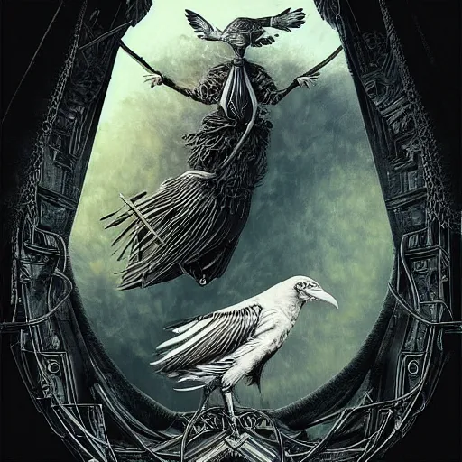 Image similar to white crow bringing rabbit leg to a occult witch by Android Jones and M. C. Escher collaboration, futurist, digital art, dramatic lighting