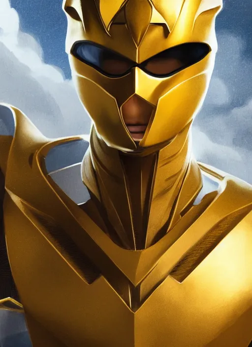 Image similar to bust, head and torso only, yellow ranger, trending on artstation, unreal engine, movie poster, fine detail, extremely detailed, sharp focus, smooth, digital illustration, by rossdraws, frank franzzeta, sakimichan, corrected hand, perfect hands, 4 k