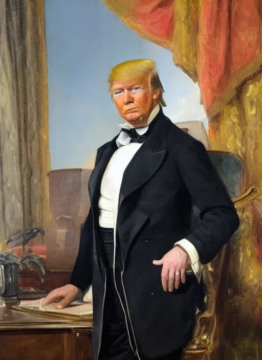 Image similar to portrait of the united states president, 1 8 6 7, donald trump. standing in the oval office. oil on canvas by william sidney mount, trending on artstation