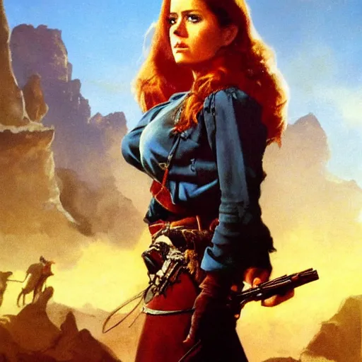 Prompt: ultra realistic portrait painting of amy adams as a western outlaw, art by frank frazetta, 4 k, ultra realistic, highly detailed, epic lighting