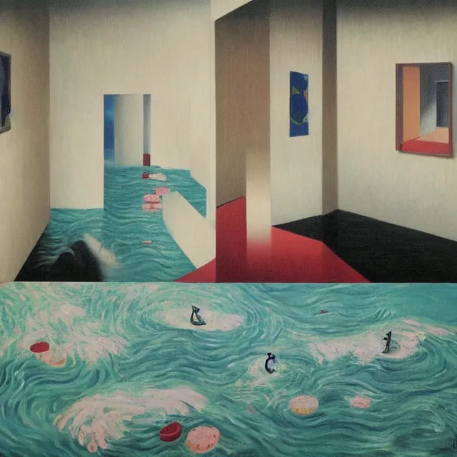 Image similar to painting of flood waters inside an apartment, tall female emo art student, a river flooding through a wall, tangelos, zen, pigs, ikebana, water, river, rapids, waterfall, black swans, canoe, pomegranate, berries dripping, acrylic on canvas, surrealist, by magritte and monet