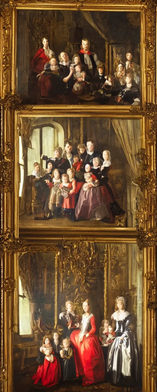 Image similar to oil paint of family portrait in the main room of the castle, dark room, one point of light trough a big window. baroque style 1 6 5 0, high details on clothes, realistic faces and expressions