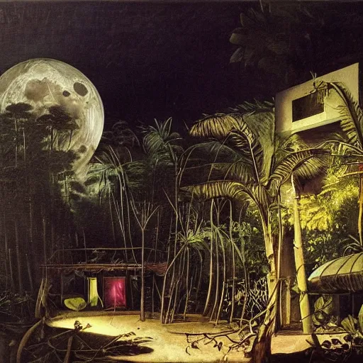 Prompt: Moonlit ruins of a shopping mall in the jungle, oil painting by Caravaggio