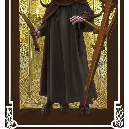 Prompt: an extremely detailed tarot card of a horned devil christian cleric dressed in a catholic priest's cassock, preaching in a fantasy city, tiefling from d & d carrying a large wooden cross, fantasy, fantasy tavern background, 4 k, artstation, detailed, realistic, by alphonse mucha and greg rutkowski