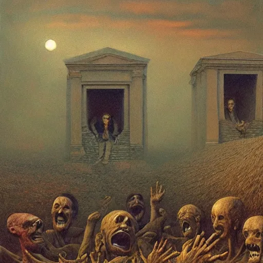 Prompt: Presidents of federal nation laughing at dying people from hunger. Beksiński style, depth of field, scary, HD, painting