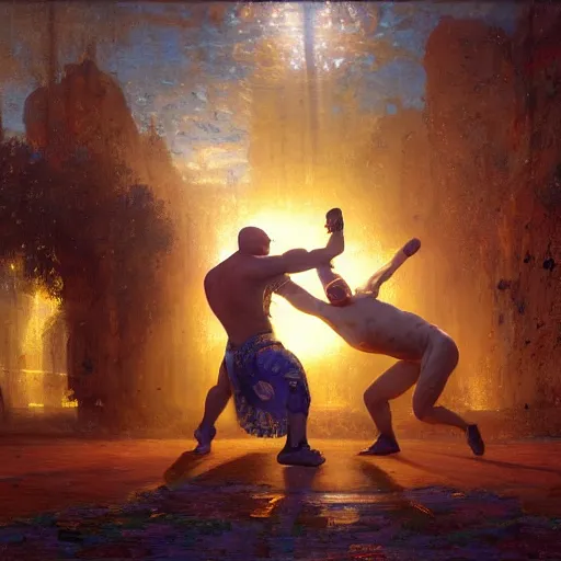 Image similar to bald wrestler breaking blonde wrestler's back, radiant light, caustics, heroic, bright iridescent light, by gaston bussiere, bayard wu, greg rutkowski, maxim verehin, epic wrestling combat, legendary