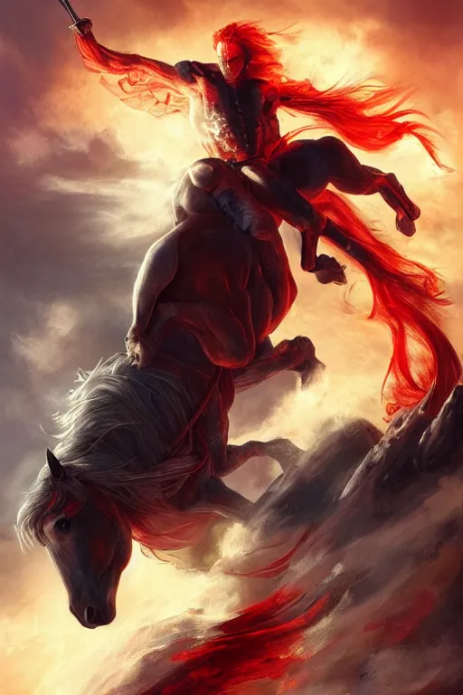 Image similar to the first singular horseman of the apocalypse riding a red stallion, horse is up on it's hindlegs, the rider carries a large sword, flames from the ground, artwork by artgerm and rutkowski, breathtaking, dramatic