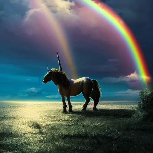 Image similar to a unicorn standing on its back legs, rainbow in the background, dramatic lighting, cinematic, establishing shot, extremely high detail, photo realistic, cinematic lighting, post processed, concept art, artstation, matte painting, style by eddie mendoza, raphael lacoste, alex ross