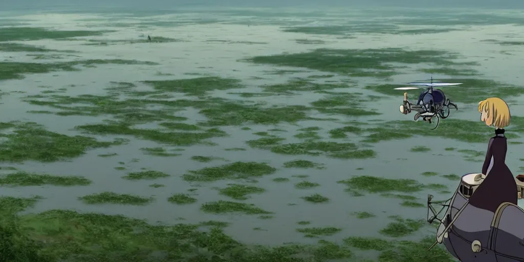 Image similar to a cell - shaded cartoon movie still from howl's moving castle ( 2 0 0 4 ) of a beautiful young woman flying a gyrocopter in a flooded rainforest valley. stonehenge is seen in the background with shafts of sunlight from above. wide shot, very dull muted colors, hd, 4 k, hq