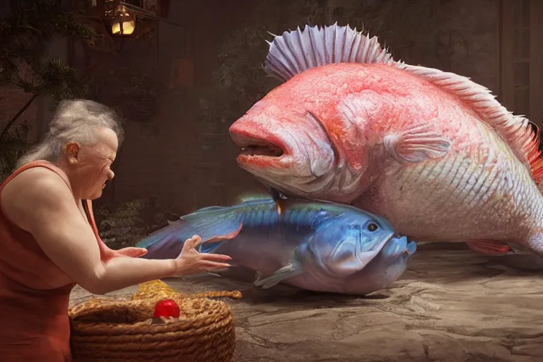 Image similar to of a very beautiful scene. ambient occlusion render. a sweet fat old woman is giving a birth to a huge colorful fish. hyper realistic. 4 k. wide angle. wild happiness. symmetrical face, red mouth, blue eyes. deep focus, lovely scene. ambient occlusion render. concept art. unreal engine.