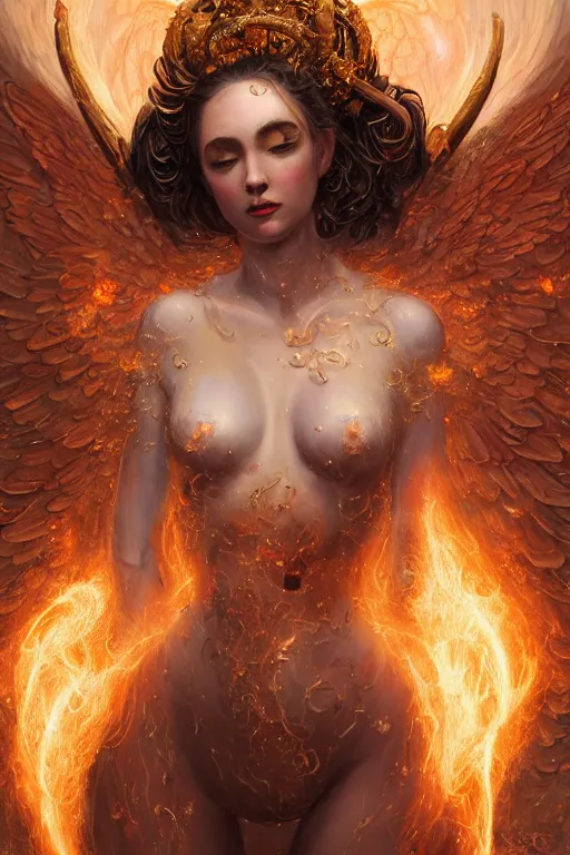 Image similar to goddess angel of tranquility, torso closeup model wearing exploding fire crystal dress, sorcerer, diamonds, angel, fantasy, dramatic lighting, highly detailed, digital painting, holding electricity, magic the gathering, hyper detailed, 3 d render, hyper realistic detailed portrait, peter mohrbacher, wlop, ruan jia