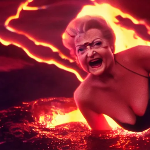 Prompt: stunning awe inspiring betty white swimming in lava with demons, movie still 8 k hdr atmospheric lighting