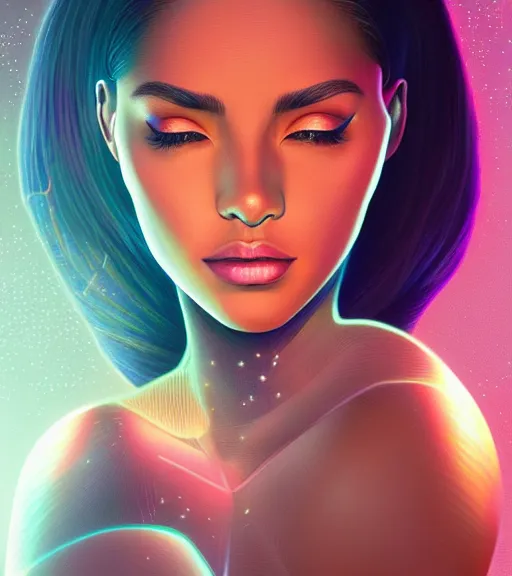 Prompt: symmetry!! latina princess of technology, solid cube of light, hard edges, product render retro - futuristic poster scifi, lasers and neon circuits, beautiful brown skin woman latina princess, intricate, elegant, highly detailed, digital painting, artstation, concept art, smooth, sharp focus, illustration, dreamlike, art by artgerm