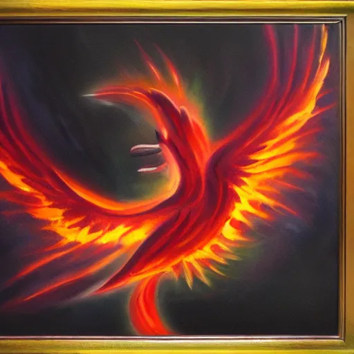 Prompt: bright flame pheonix in a dark cave, oil paint, detailed, high quality