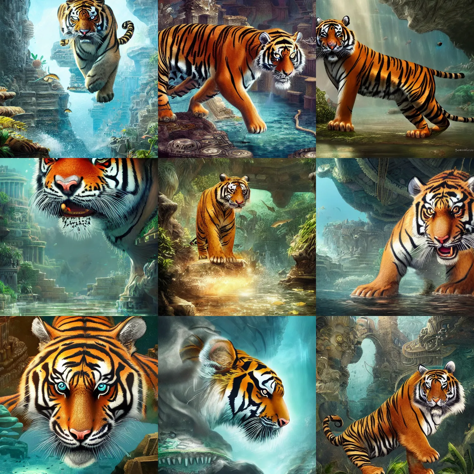 Prompt: a tiger discovering the lost city of atlantis, artstation, by Sakimichan, intricate, elegant, highly detailed, digital painting, smooth, sharp focus