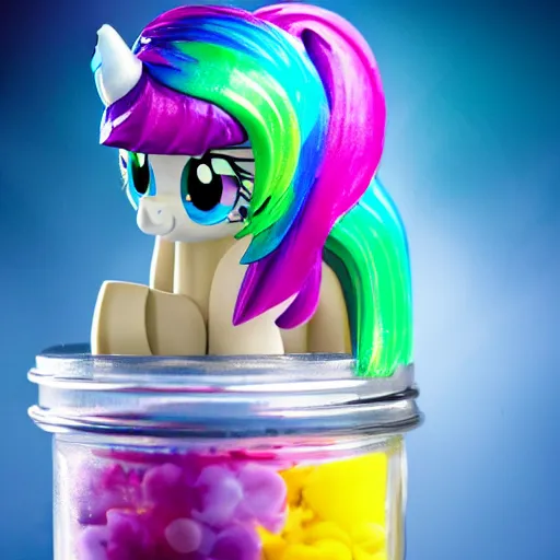 Image similar to a my little pony figure in a jar covered in a mysterious sticky yellowish fluid, photography, 8 k