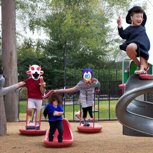 Prompt: photo realistic children on a playground wearing different animal masks,