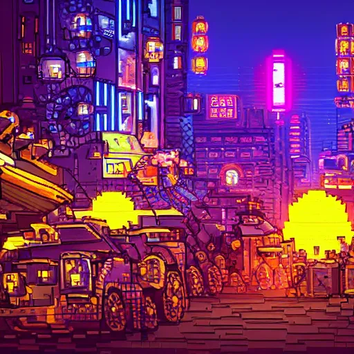 Image similar to fantastic lighting, pixel art, high detail , 16 bits, cyberpunk market, 2d