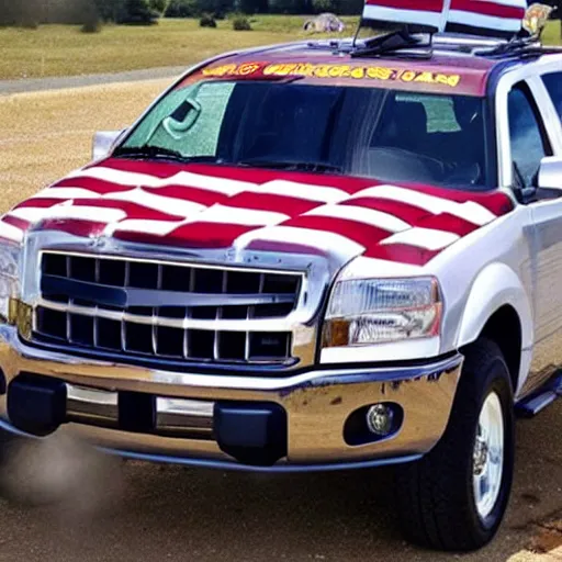 Prompt: pgoto of biden pickup trucks with american flags, there are very attractive woman in the back of the truck.