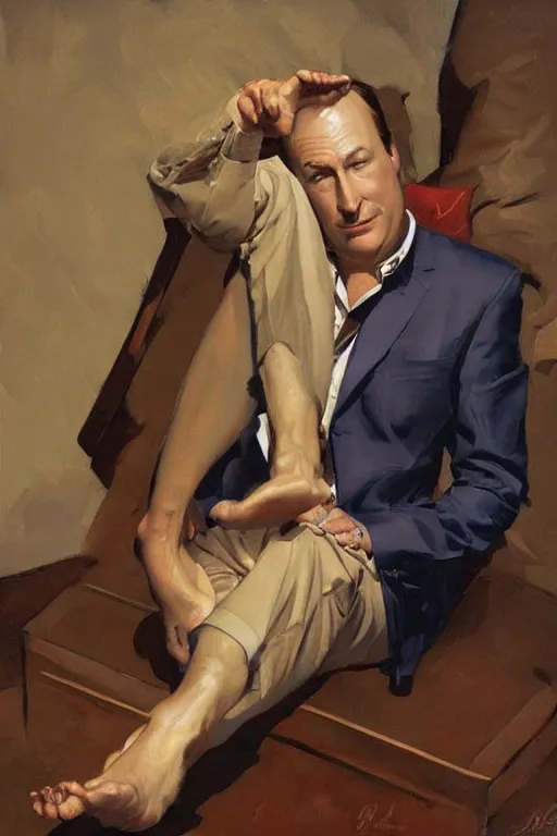 Image similar to bob odenkirk caressing feet,'bare feet '!!!! painting by jc leyendecker!! phil hale!, angular, brush strokes, painterly, vintage, crisp