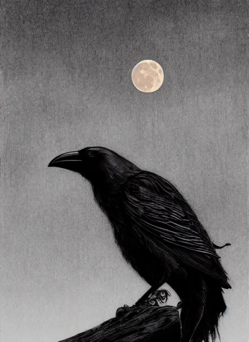 Image similar to portrait, A crow in front of the full big moon, book cover, red white and black colors, establishing shot, extremly high detail, foto realistic, cinematic lighting, pen and ink, intricate line drawings, by Yoshitaka Amano, Ruan Jia, Kentaro Miura, Artgerm, post processed, concept art, artstation, matte painting, style by eddie mendoza, raphael lacoste, alex ross