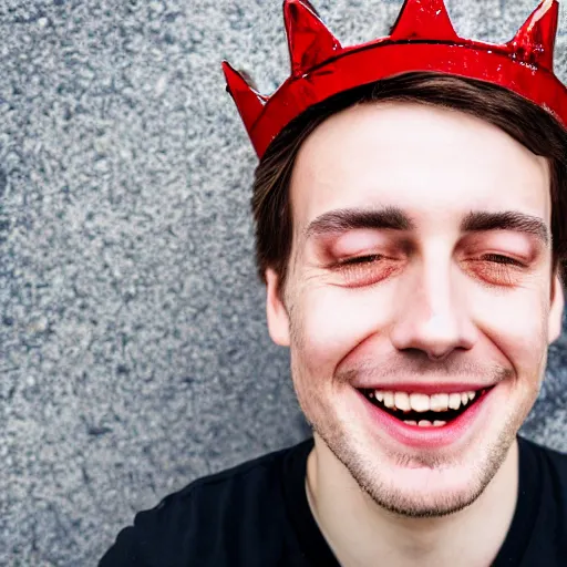 Image similar to man with red pupils and a crown grinning