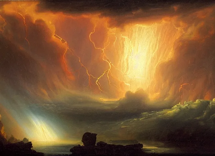 Prompt: earth during the cretaceous – paleogene extinction event, just as the asteroid is colliding with earth, thunderstorms and hellfire, in the style of hudson river school of art, oil on canvas