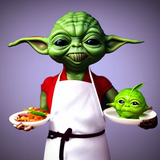 Prompt: curious mouth agape innocent tiny chubby babyfat baby yoda as chef wearing white chefs hat and white apron, offering a plate of food, vegetables, photography, hyperrealism, unreal engine, octane 3 d render, houdini, unity 3 d