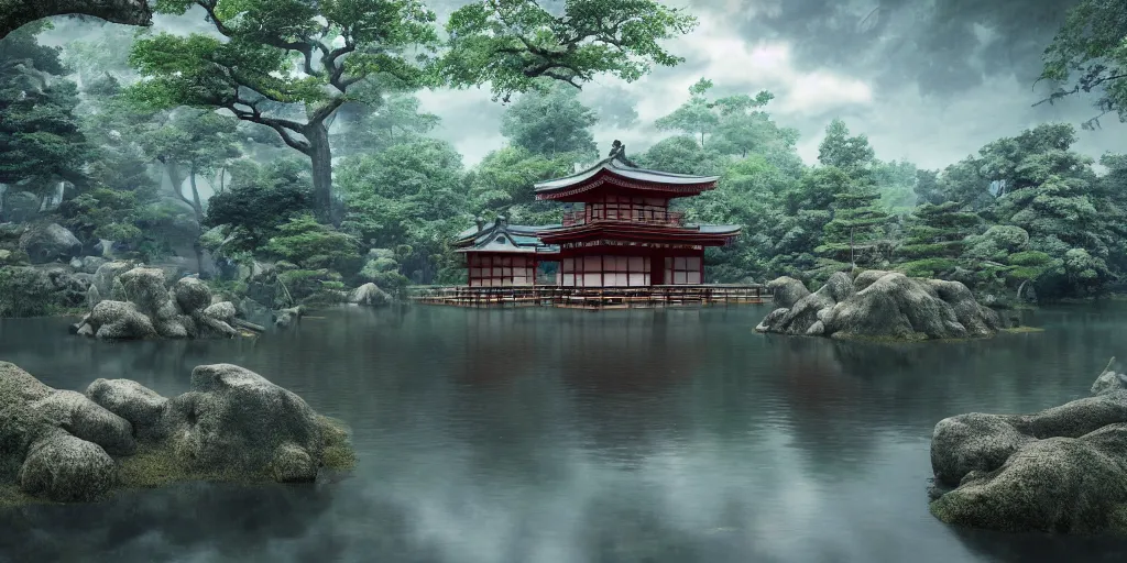 Prompt: a ancient japanese temple in the middle of a forest mear a small river, extremely highly detailed, high quality, 8K HDR, octane render, unreal engine 5, hyperrealistic, concept art, trending on Artstation, dramatic lighting, cinematic, high coherence, path tracing, ruins, clouds in the sky, singular building, centered